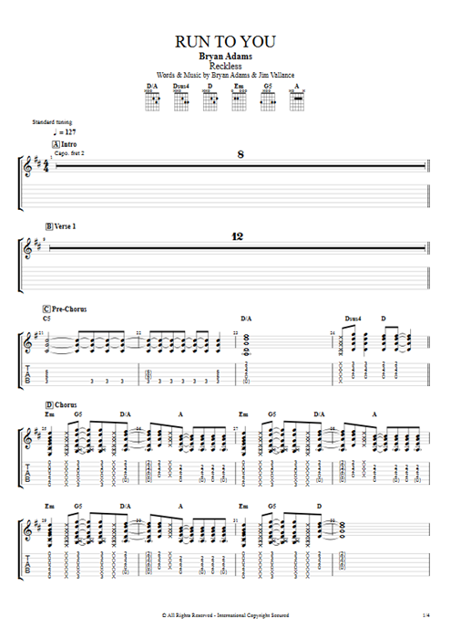 Run to You Bryan Adams guitar pro tab EGuitarII Rhythm Guitars mysongbook