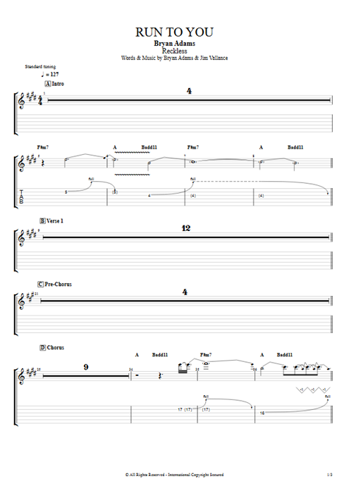 Run to You Bryan Adams guitar pro tab EGuitar Lead Guitar mysongbook