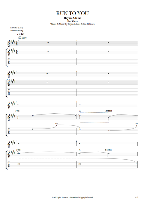 Run to You Bryan Adams guitar pro tab Full Score Lead Guitar mysongbook