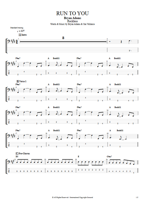 Run to You Bryan Adams guitar pro tab EBass Bass mysongbook