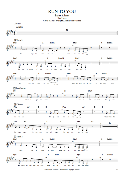 Run to You Bryan Adams guitar pro tab Vocals Bass mysongbook