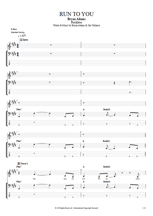 Run to You Bryan Adams guitar pro tab Full Score Bass mysongbook