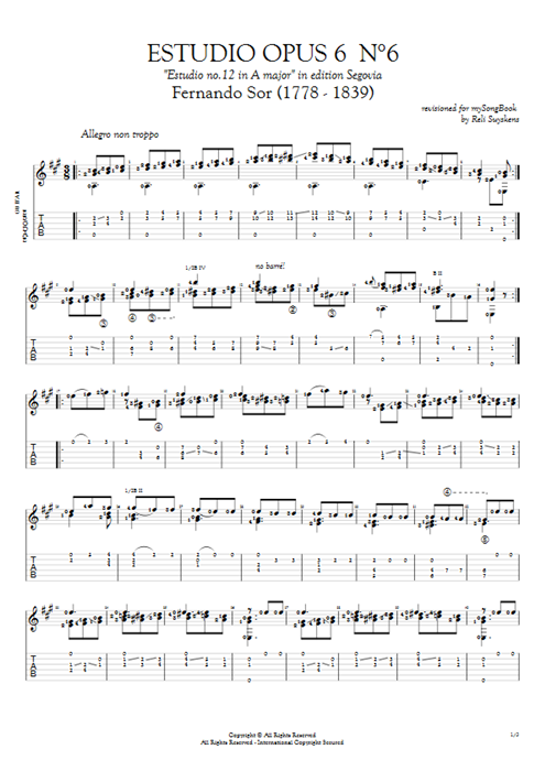 Estudio Opus 6  N°6 Fernando Sor guitar pro tab AGuitar Guitare seule mysongbook