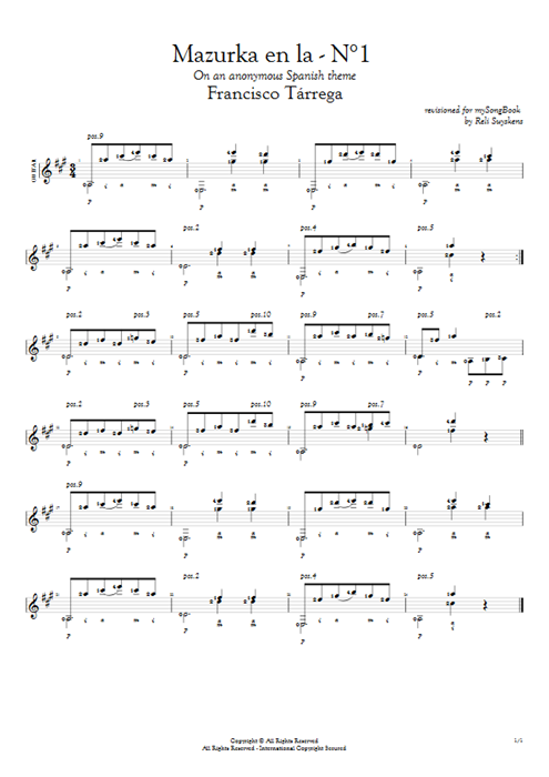 Mazurka en la - N°1 Francisco Tarrega guitar pro tab AGuitar Guitarra solo mysongbook