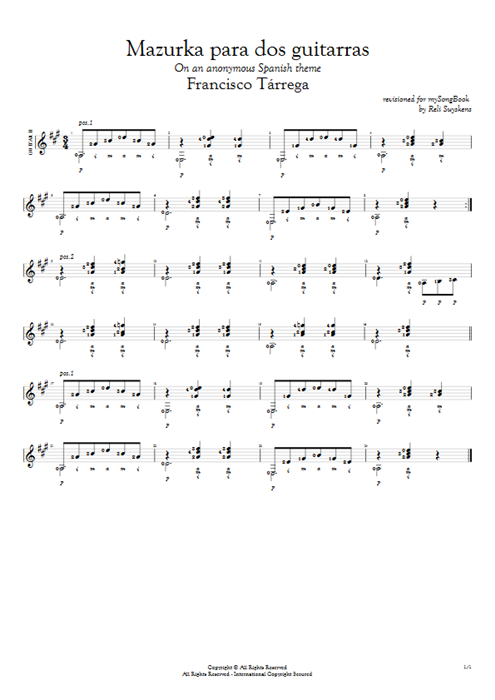 Mazurka para dos guitarras Francisco Tarrega guitar pro tab AGuitarII Dúo de guitarras mysongbook