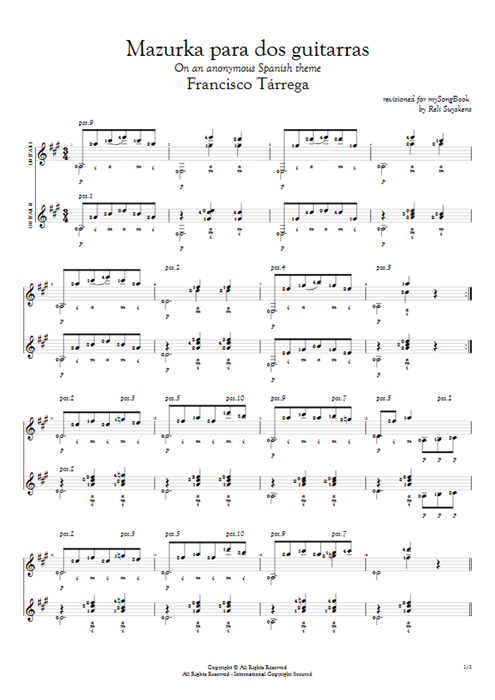 Mazurka para dos guitarras Francisco Tarrega guitar pro tab Full Score Dúo de guitarras mysongbook
