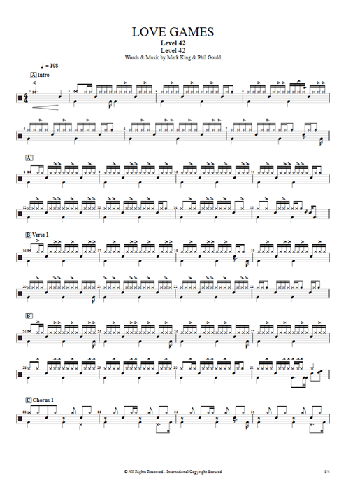 Love Games Level 42 guitar pro tab Drums Full Score mysongbook