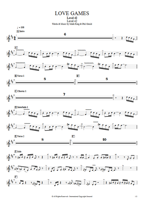 Love Games Level 42 guitar pro tab PadSynthI Full Score mysongbook