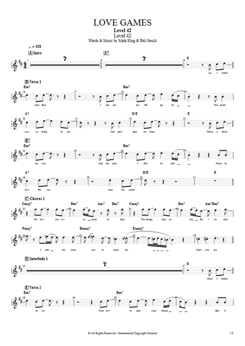Love Games Level 42 guitar pro tab Vocals Full Score mysongbook