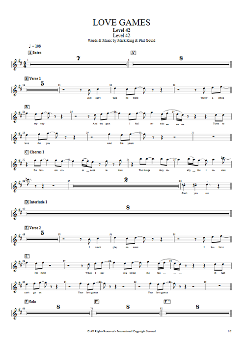 Love Games Level 42 guitar pro tab BackVoc Full Score mysongbook