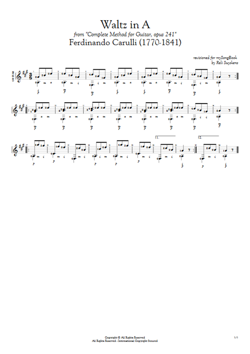 Waltz in A Opus 241 Ferdinando Carulli guitar pro tab AGuitar Guitare seule mysongbook