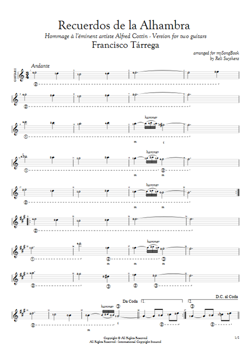 Recuerdos de la Alhambra Francisco Tarrega guitar pro tab AGuitarI Duo de guitares mysongbook
