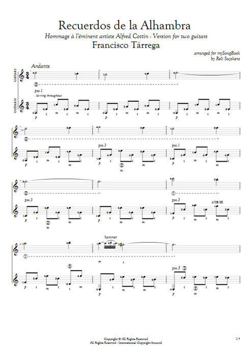 Recuerdos de la Alhambra Francisco Tarrega guitar pro tab Full Score Duo de guitares mysongbook