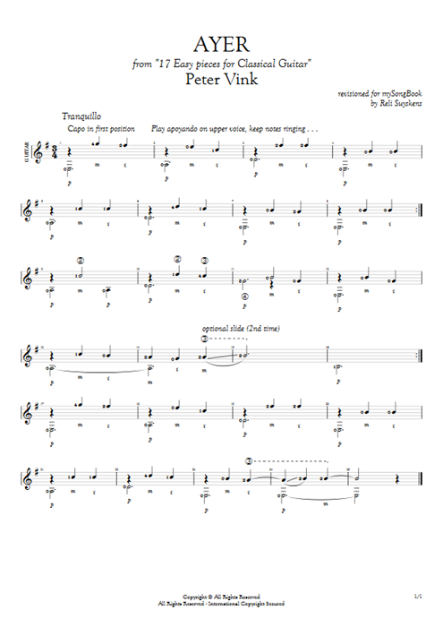 Ayer (from 17 easy pieces for classical guitar) Peter Vink guitar pro tab AGuitar Solo Guitar mysongbook