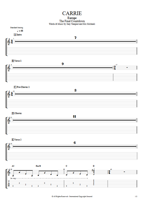 Carrie Europe guitar pro tab EGuitarII Rhythm Guitars mysongbook