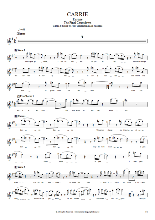 Carrie Europe guitar pro tab Vocals Rhythm Guitars mysongbook