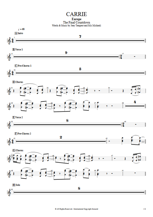 Carrie Europe guitar pro tab BackVoc Rhythm Guitars mysongbook