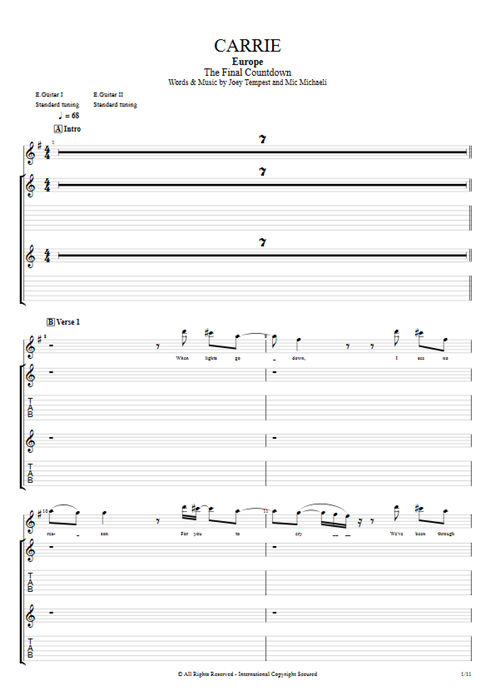Carrie Europe guitar pro tab Full Score Rhythm Guitars mysongbook