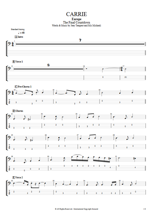 Carrie Europe guitar pro tab EBass Bass mysongbook