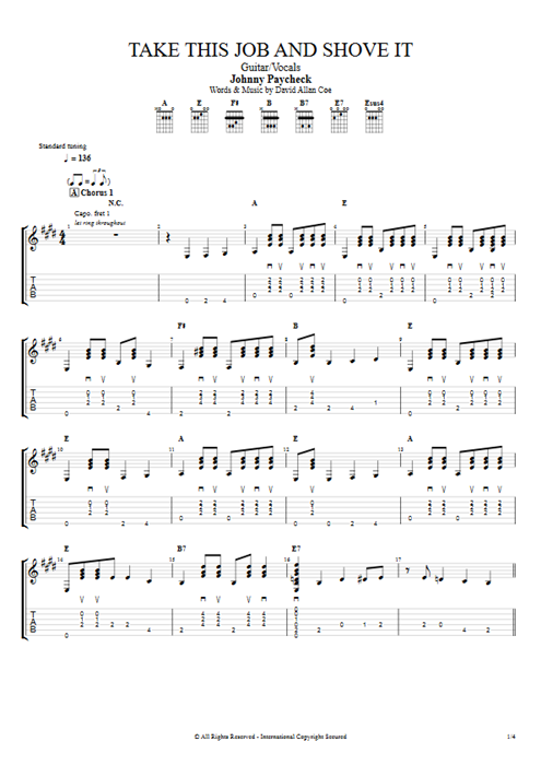 Take This Job and Shove It Johnny Paycheck guitar pro tab AGuitar Guitare et voix mysongbook