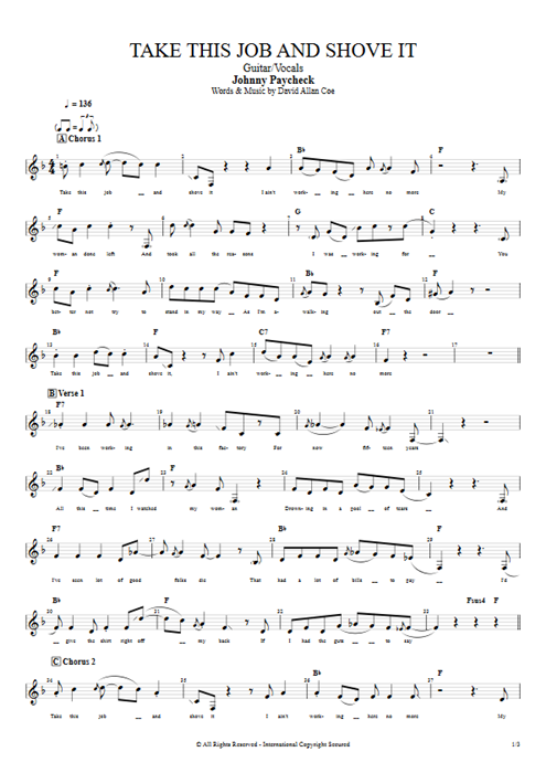 Take This Job and Shove It Johnny Paycheck guitar pro tab Vocals Guitare et voix mysongbook