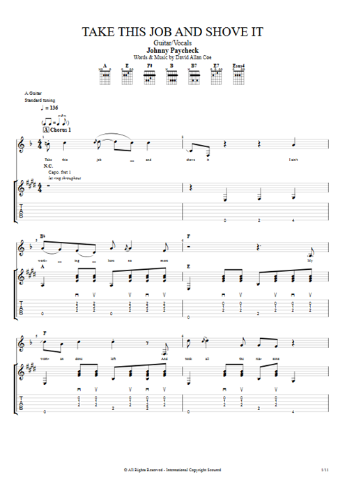 Take This Job and Shove It Johnny Paycheck guitar pro tab Full Score Guitare et voix mysongbook