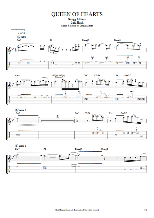 Queen of Hearts Gregg Allman guitar pro tab EGuitar Full Score mysongbook