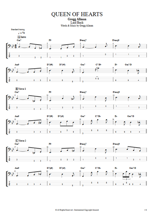 Queen of Hearts Gregg Allman guitar pro tab EBass Full Score mysongbook