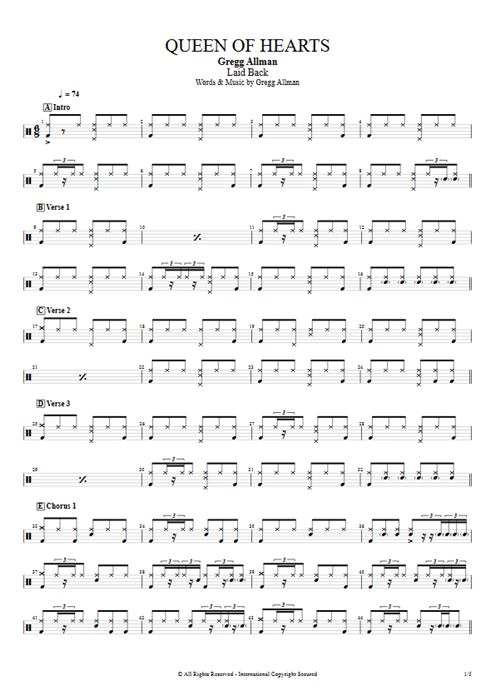 Queen of Hearts Gregg Allman guitar pro tab Drums Full Score mysongbook