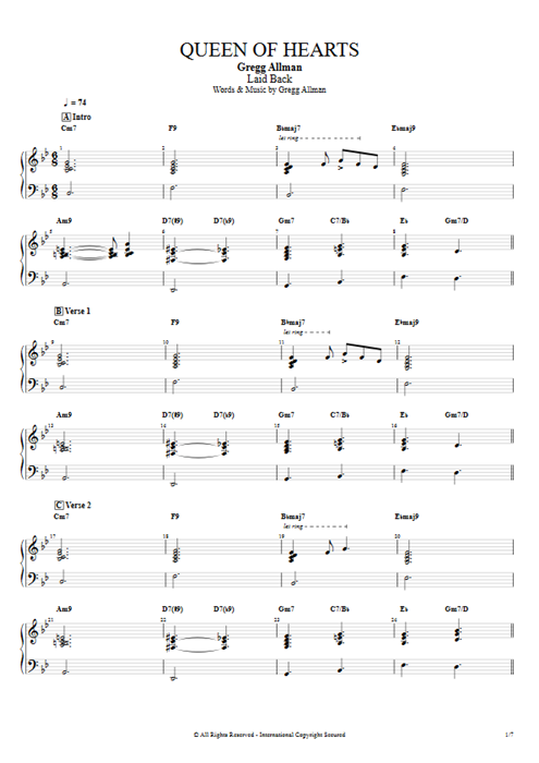 Queen of Hearts Gregg Allman guitar pro tab EPiano Full Score mysongbook