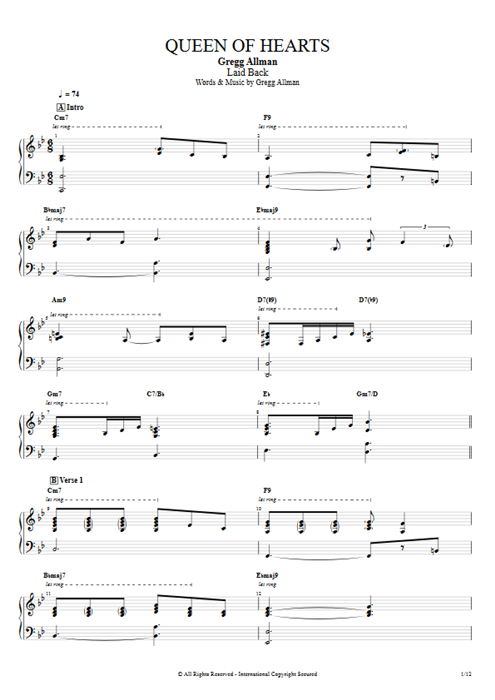 Queen of Hearts Gregg Allman guitar pro tab Piano Full Score mysongbook