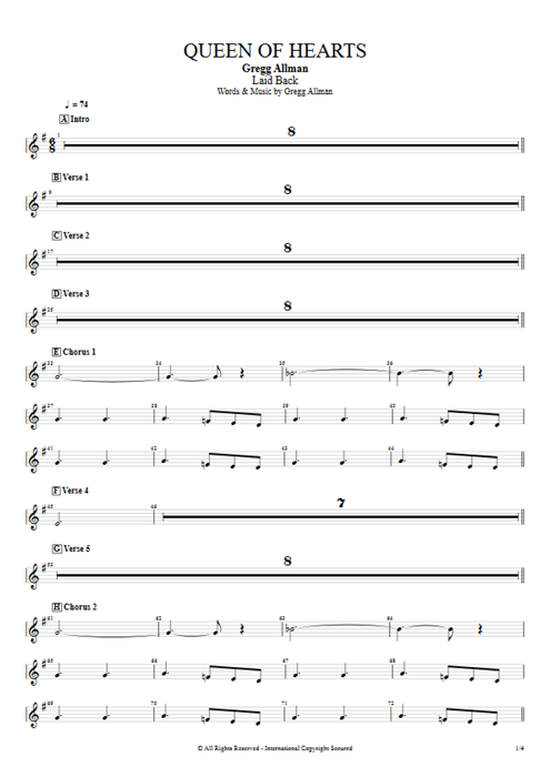 Queen of Hearts Gregg Allman guitar pro tab AltoSax Full Score mysongbook