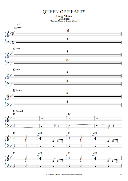 Queen of Hearts Gregg Allman guitar pro tab Brass Full Score mysongbook