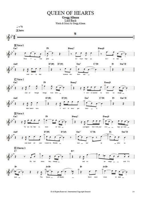 Queen of Hearts Gregg Allman guitar pro tab Vocals Full Score mysongbook