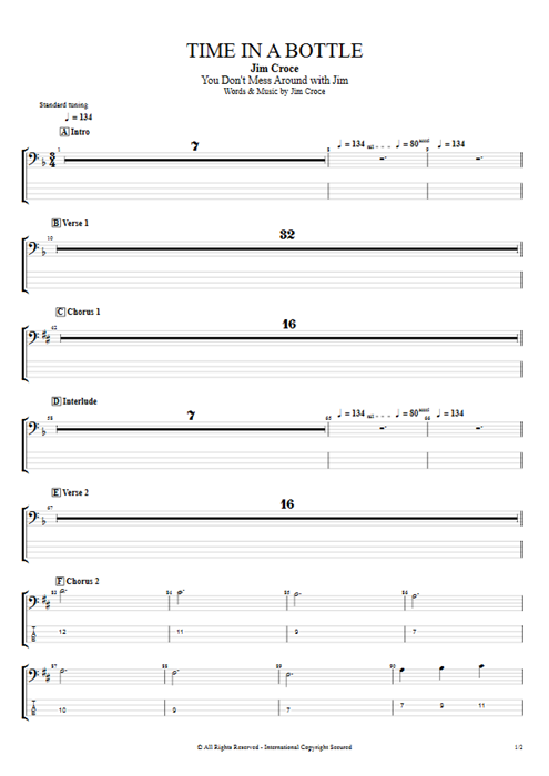 Time in a Bottle Jim Croce guitar pro tab EBass Guitars, Bass & Backing Track mysongbook