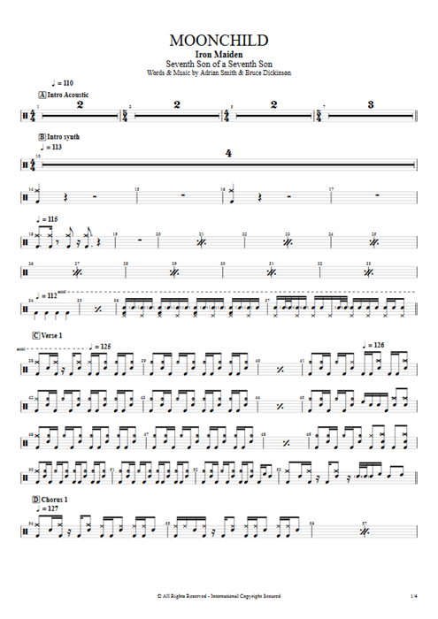 Moonchild Iron Maiden guitar pro tab Drums Full Score mysongbook