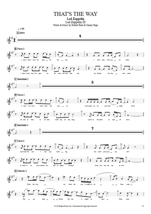 That's the Way Led Zeppelin guitar pro tab Vocals Full Score mysongbook