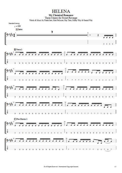 Helena My Chemical Romance guitar pro tab EBass Full Score mysongbook