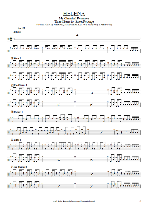 Helena My Chemical Romance guitar pro tab Drums Full Score mysongbook