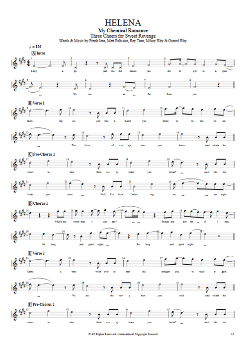 Helena My Chemical Romance guitar pro tab Vocals Full Score mysongbook