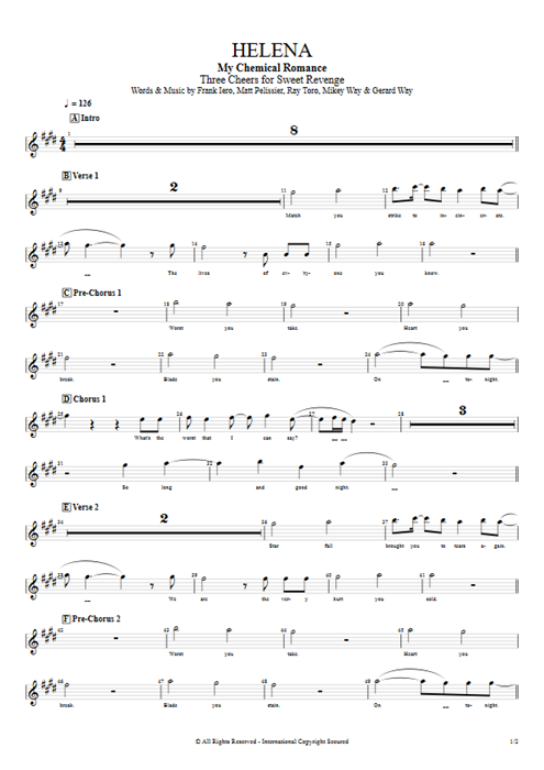 Helena My Chemical Romance guitar pro tab BackVoc Full Score mysongbook