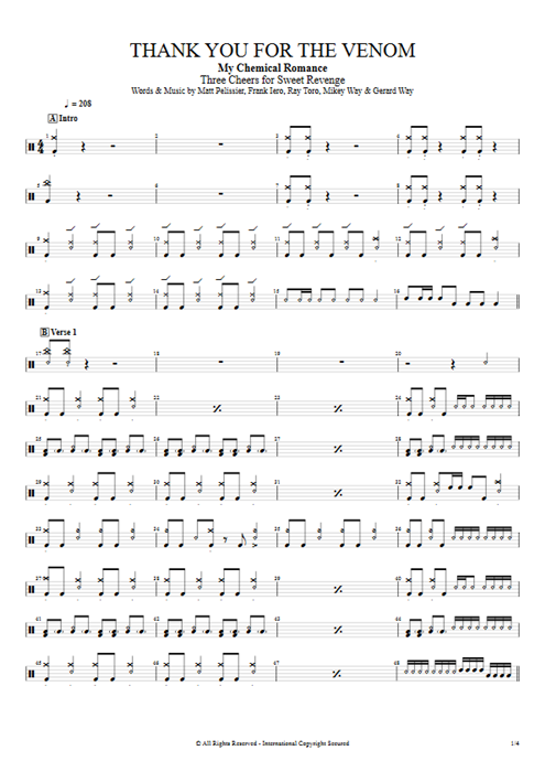 Thank You For The Venom My Chemical Romance guitar pro tab Drums Full Score mysongbook