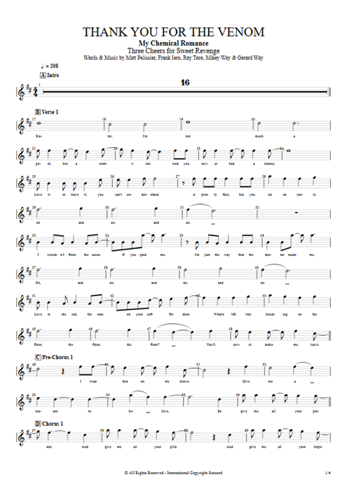 Thank You For The Venom My Chemical Romance guitar pro tab Vocals Full Score mysongbook