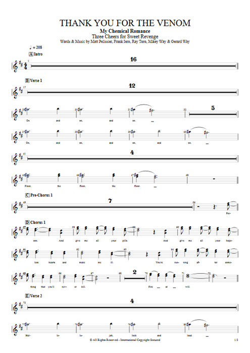 Thank You For The Venom My Chemical Romance guitar pro tab BackVoc Full Score mysongbook