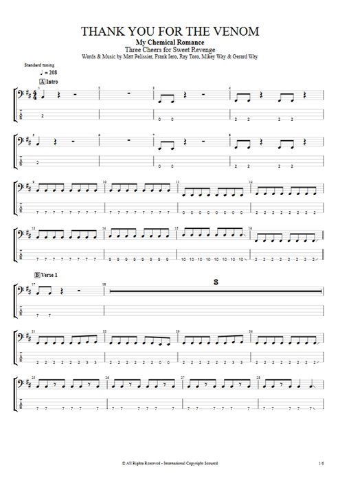 Thank You For The Venom My Chemical Romance guitar pro tab EBass Guitares et piste d'accompagnement mysongbook