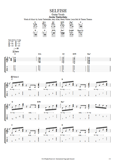 Selfish Justin Timberlake guitar pro tab AGuitar Guitar & Vocals mysongbook