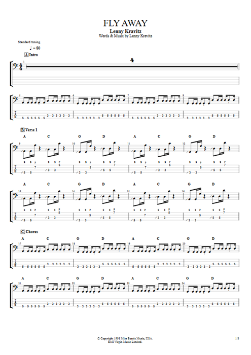 Fly Away Lenny Kravitz guitar pro tab EBass Bass & Backing Track mysongbook