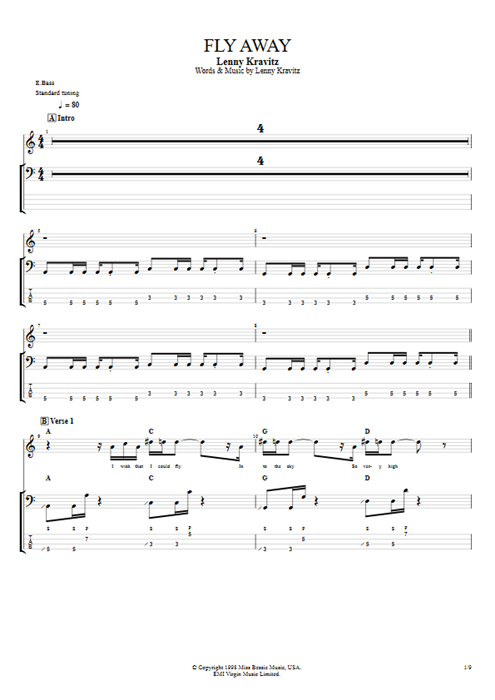 Fly Away Lenny Kravitz guitar pro tab Full Score Bass & Backing Track mysongbook