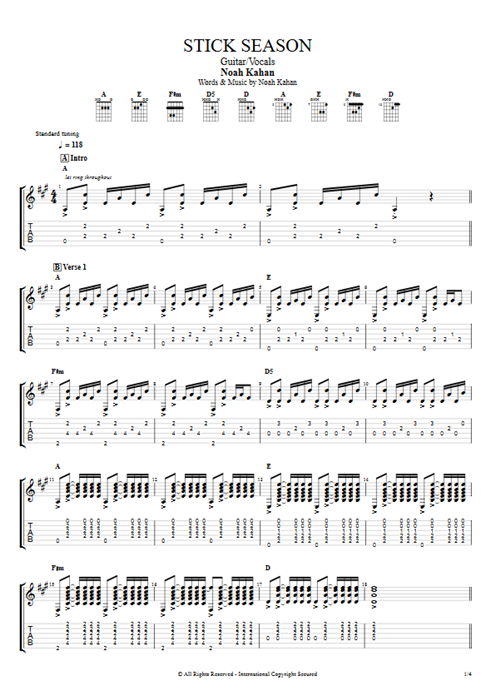 Stick Season Noah Kahan guitar pro tab AGuitar Guitar & Vocals mysongbook
