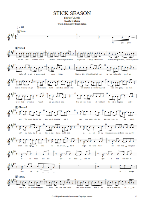 Stick Season Noah Kahan guitar pro tab Vocals Guitar & Vocals mysongbook